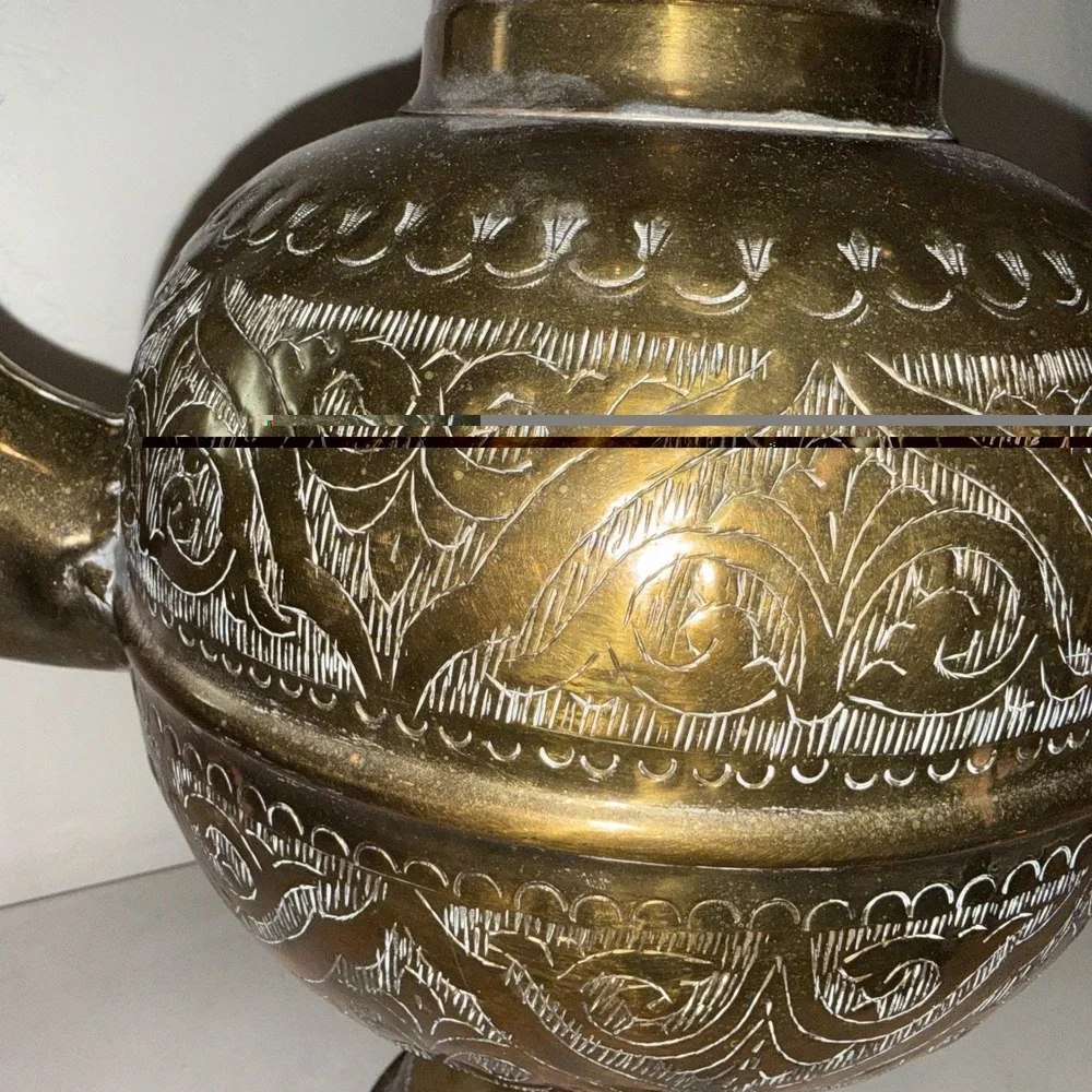 VTG LARGE HEAVY Brass Etched Aftaba Pot Ewer Pitcher 22